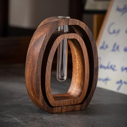 Walnut Wood Glass Hydroponic Vase Set for Home Decor