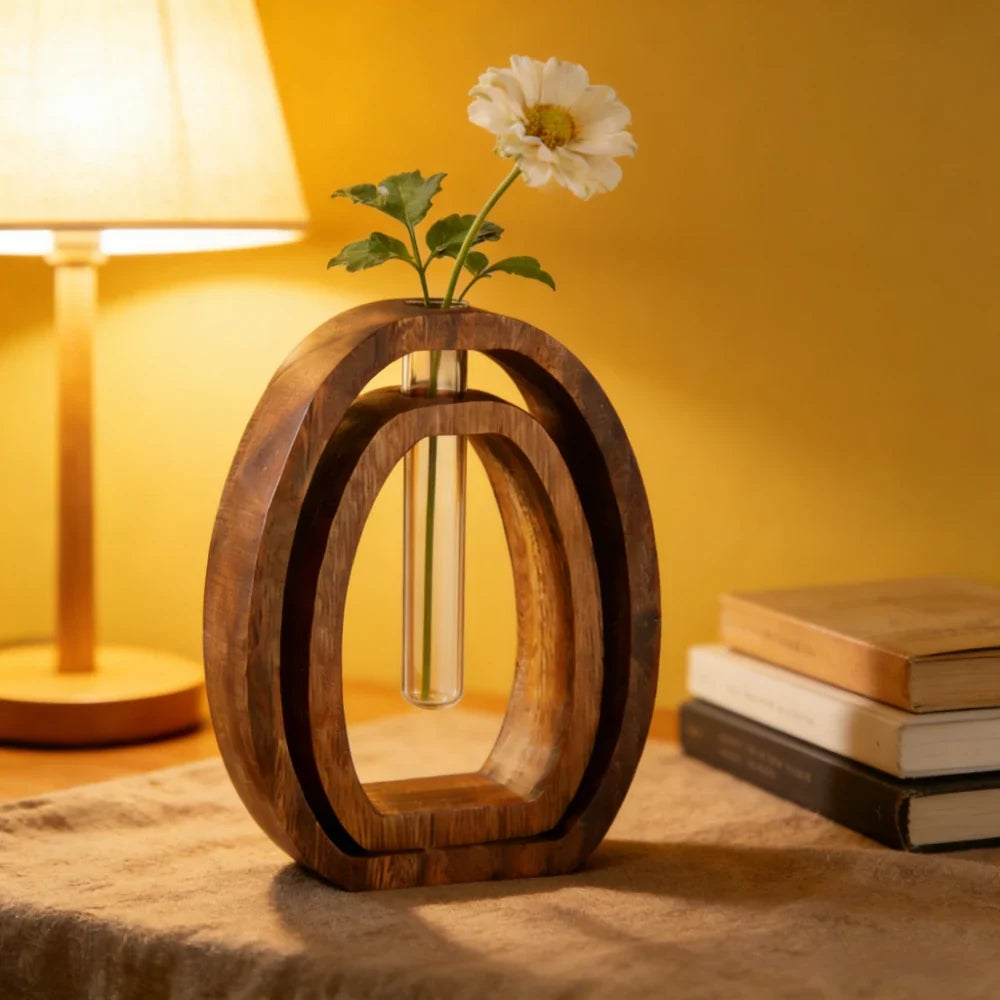 Walnut Wood Glass Hydroponic Vase Set for Home Decor
