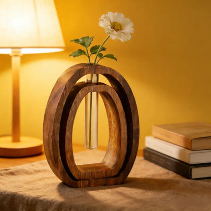 Walnut Wood Glass Hydroponic Vase Set for Home Decor