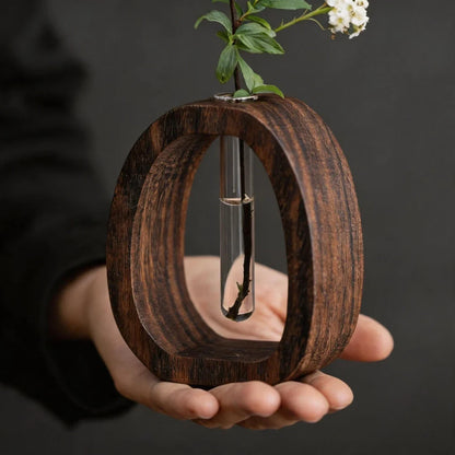 Walnut Wood Glass Hydroponic Vase Set for Home Decor