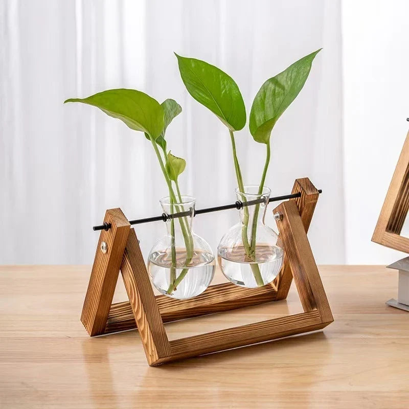 Wooden Frame Glass Bulb Terrarium Vase Planter