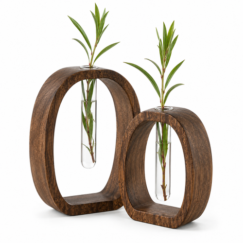 Walnut Wood Glass Hydroponic Vase Set for Home Decor